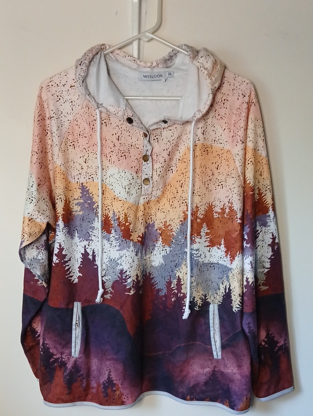 MISSLOOK Multicolor Forest Print Cowl Hoodie Sweater (Purple, Rust, Cream, Pink)
